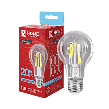 Лампа светодиодная LED-A60-deco 20Вт 230В Е27 6500К 1890Лм прозрачная IN HOME во Владивостоке