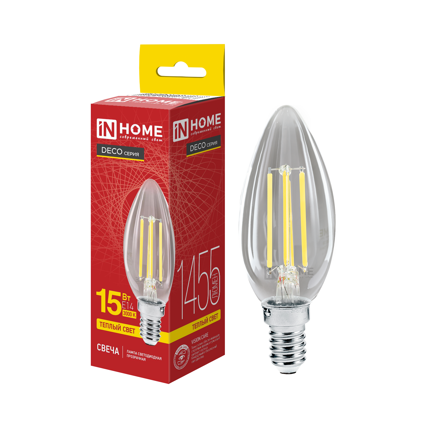 Лампа светодиодная LED-СВЕЧА-deco 15Вт 230В Е14 3000К 1455Лм прозрачная IN HOME во Владивостоке