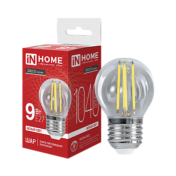 Лампа светодиодная LED-ШАР-deco 9Вт 230В Е27 4000К 1040Лм прозрачная IN HOME во Владивостоке